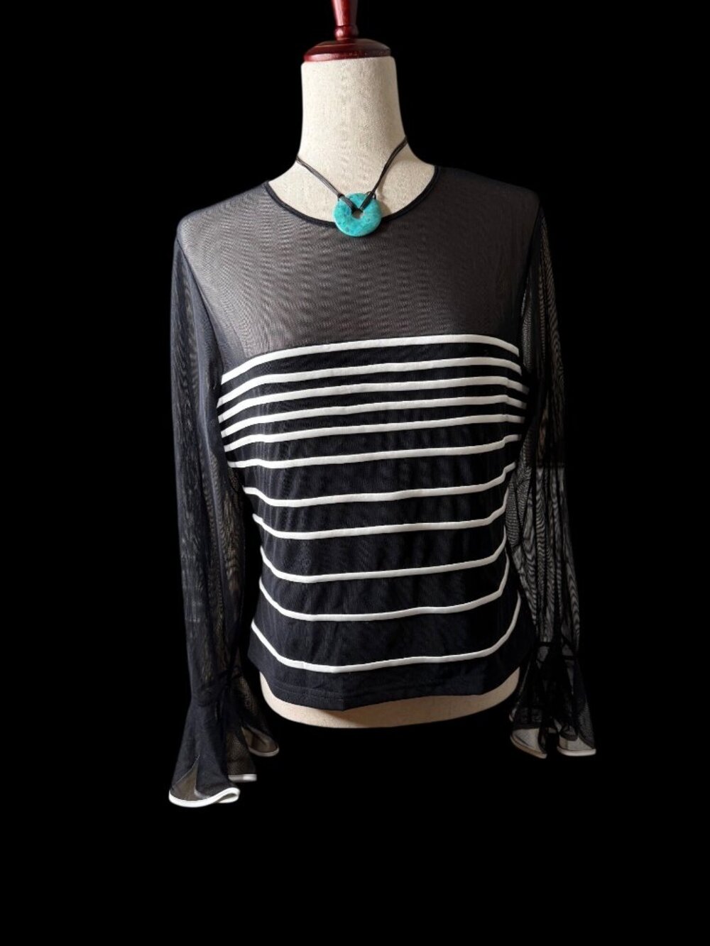 Vtg Xscape Sheer Mesh Black White Striped Panel Blouse Flounced Sleeves Lg Y2K